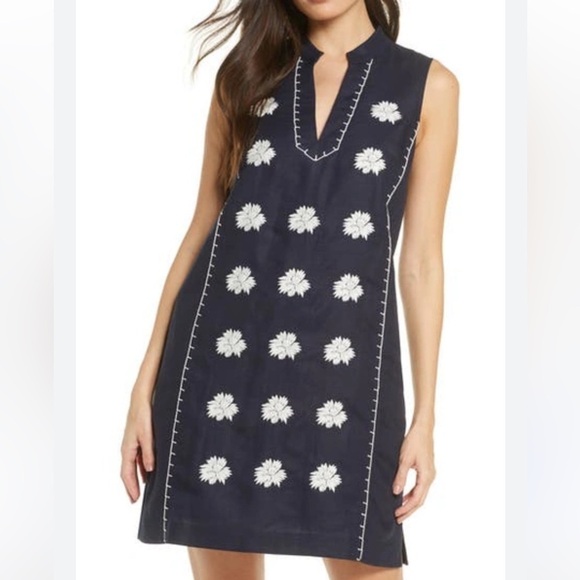 Tory Burch Embroidered Beach Dress with Pockets Navy Blue White Floral Linen - Picture 1 of 8